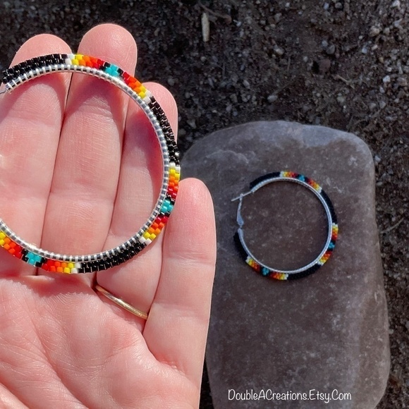 Black with Native Colors 2” Beaded Hoops, New, Handmade by Me - Picture 6 of 7